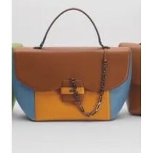New‎ Braun Buffel Colorblock Leather Satchel Frida Bag Top Handle Chain Accent